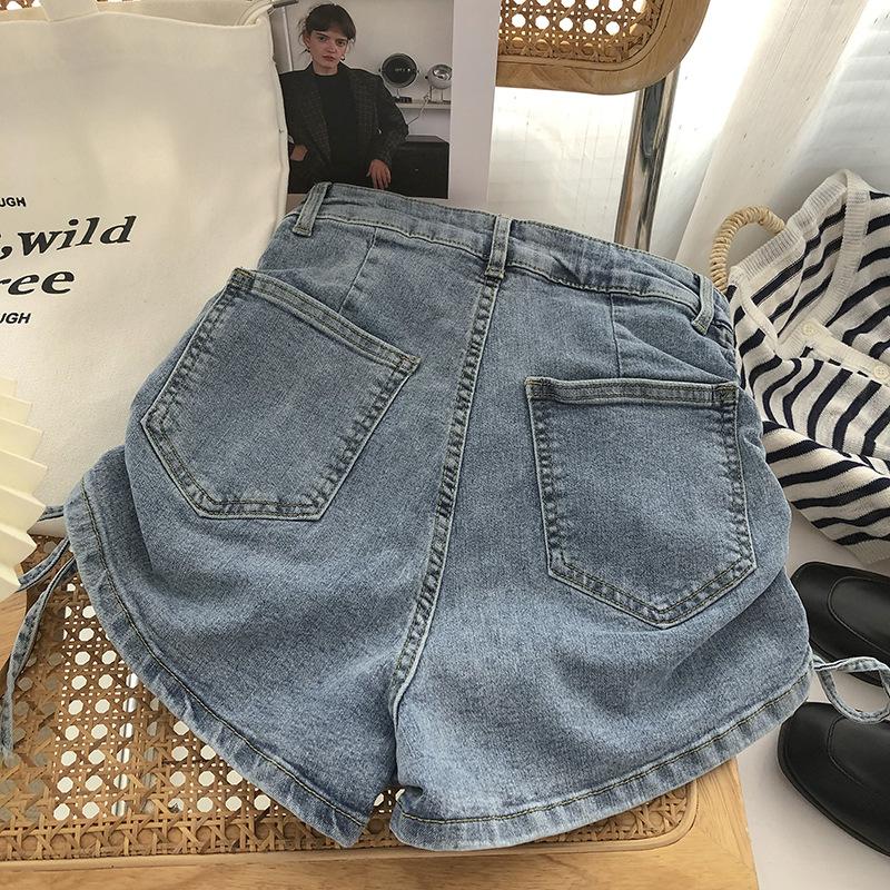 Comfortable Skinny Fashionable and Versatile Drawstring Tie Denim Shorts Female Summer Straight High Waist Elastic Slim A-line Wide Leg Pants