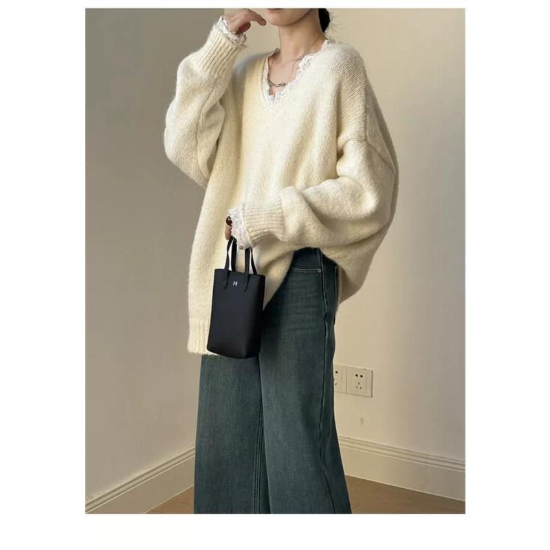 New Korean Fashion Lace Patchwork Pullover Loose Sweater Women Knitted Casual Versatile Tops Autumn and Winter V Neck Long Sleeve Solid Color Clothes