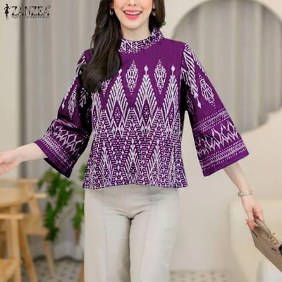 Women Casual Stand Neck 3/4 Sleeve Floral Print Loose Blouse
