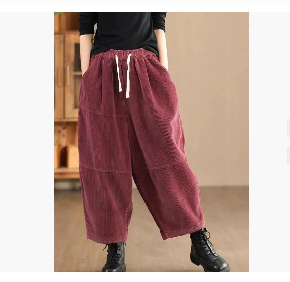 Žena Zimní Vintage Splicing Jednobarevné Bavlněné harémové kalhoty Pružný pas Čínský styl Ležérní kalhoty