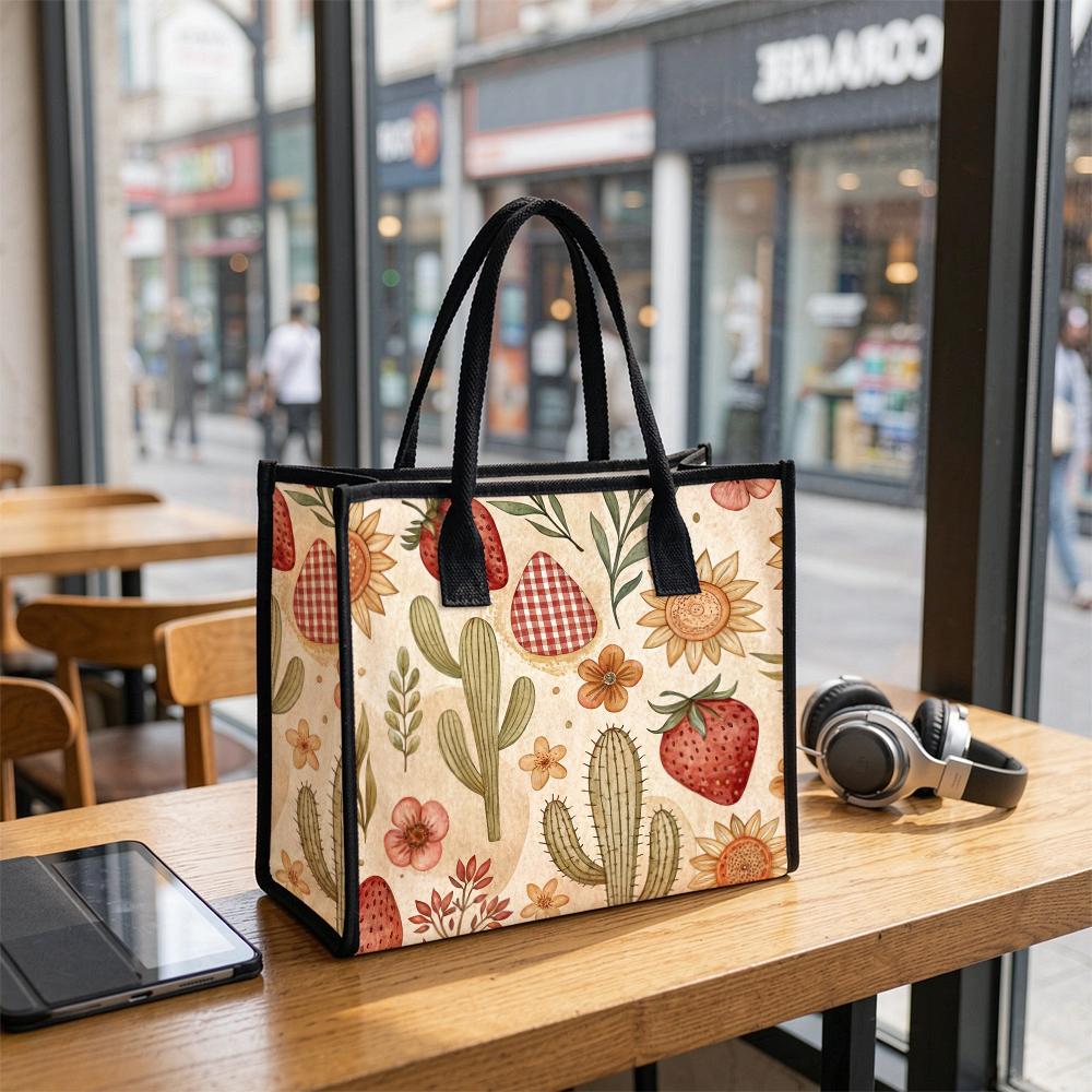 Boho Floral Cactus Strawberry Print Casual Tote Handbag for Daily Use