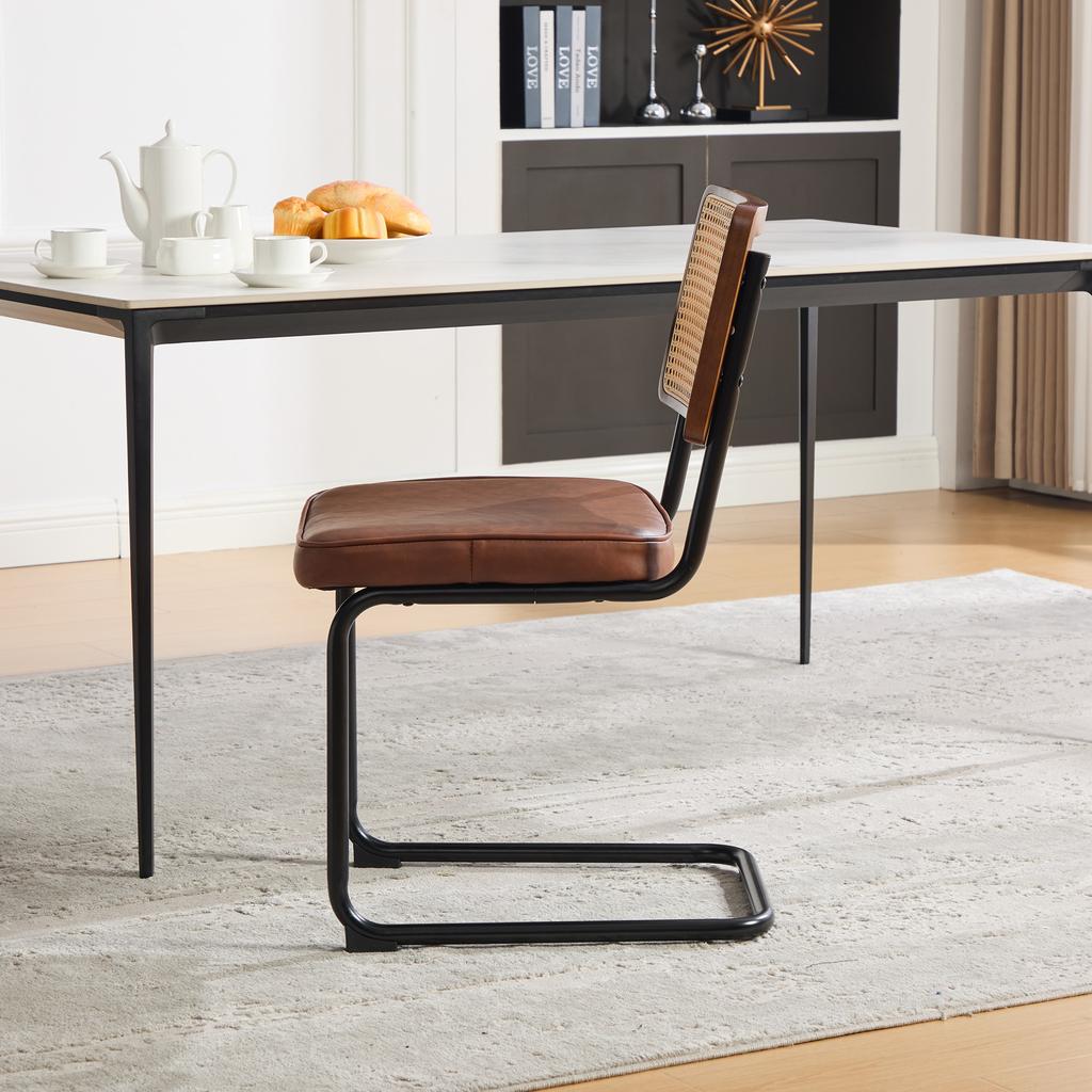 Modern Rattan Dining Chair with Black Metal Frame - Vintage Style Side, Synthetic Cane Back & PU Leather Seat for Kitchen, Living Room, Bedroom-Brown
