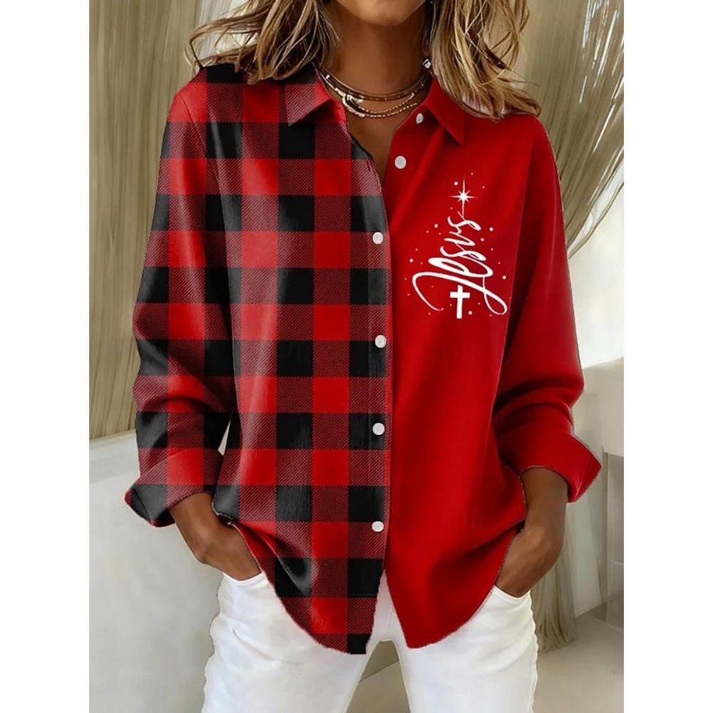 Christmas Women's Shirt Blouse Graphic Plaid Polka Dot Vintage Stylish Long Sleeve Shirt Collar Regular Tops Fall Winter