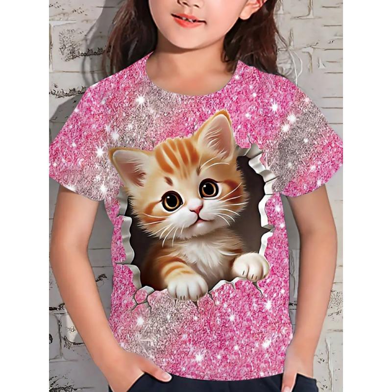 Summer Round Neck 3D Printed Top Fashionable Casual Short Sleeved Children's Girl T-shirts