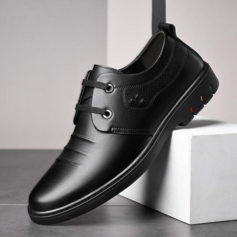 

Men s shoes spring black leather shoes middle-aged and elderly soft-soled non-slip casual lace-up waterproof leather shoes 38 чёрный