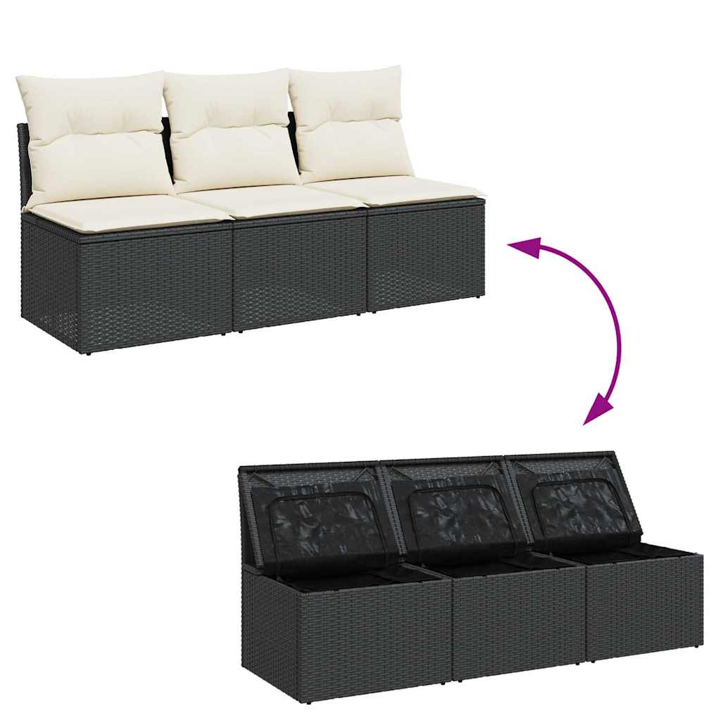 Vidaxl Garden Sofa With Cushions, 3-Seater, Black, Poly Rattan