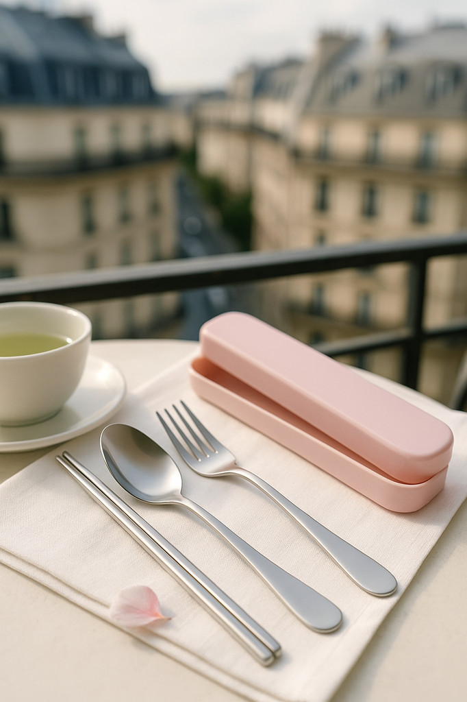Lot de 2 baguettes et cuillères portables en acier inoxydable pour étudiants et bureau avec boîte de rangement, motif rose