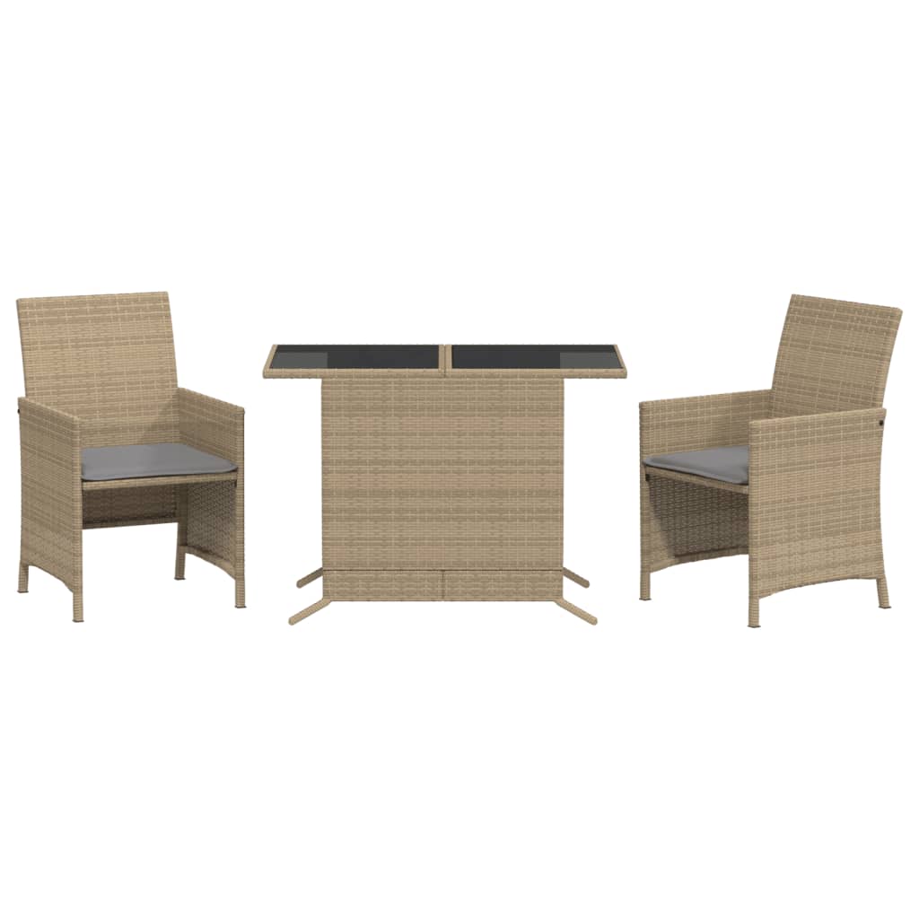 Vidaxl 3-Cz. Bistro Furniture Set with Cushions, Mixed Beige, PE Rattan