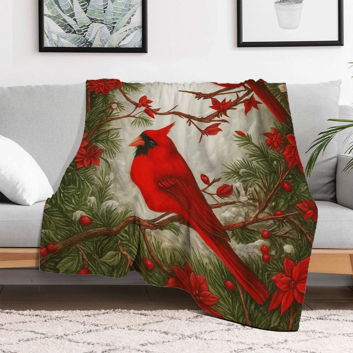 

1pc Cardinal Blanket - Bird Theme Decor Soft Flannel Throw Blanket All Seasons for Sofa Bed Camping 30x40in
