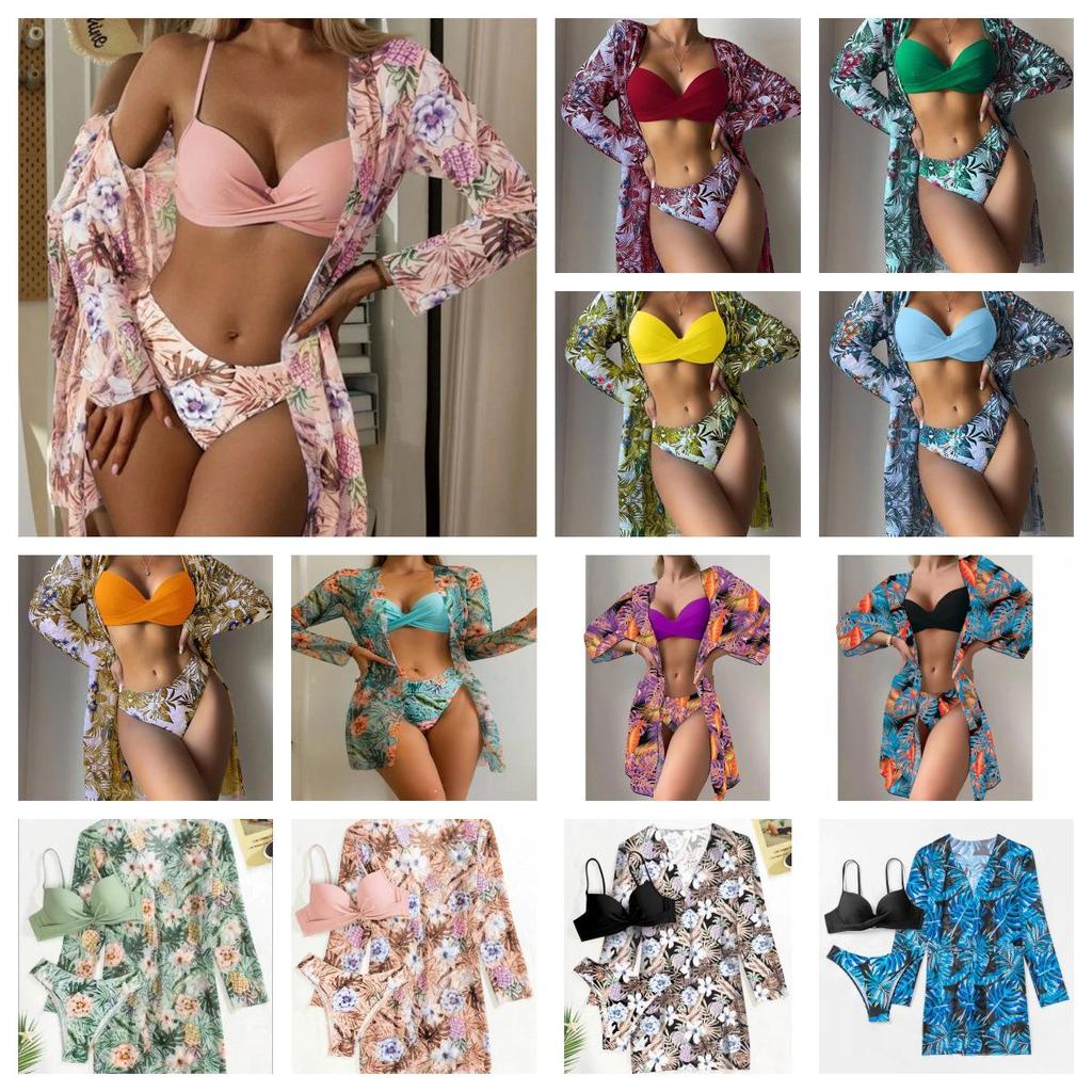 2023 European & American Women's Three-Piece Bikini Set with Cardigan, High-Waisted Bottoms, and Sunscreen Cover-Up.