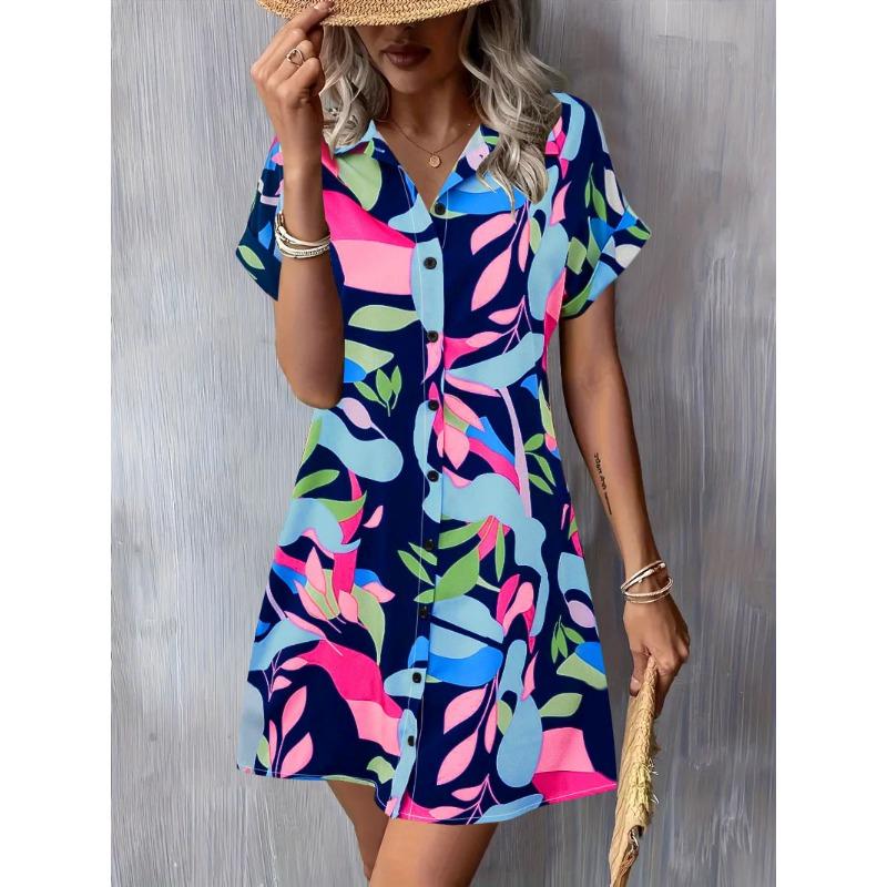 Women's Summer Fashion Temperament Commuter Short-sleeved Printed Shirt Button Dress