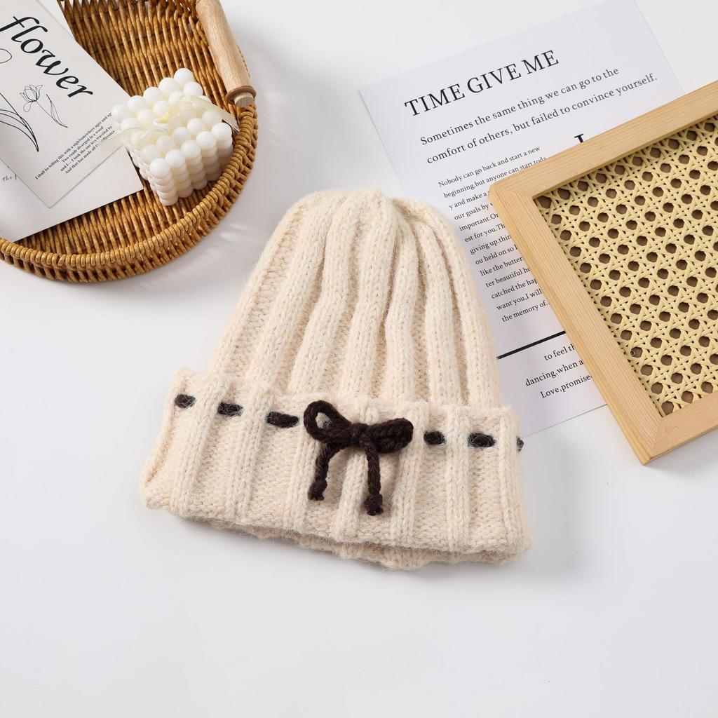 Winter 2025 Bow White Knitted Wool Cap Women's Plush Warm Big Head Circumference Baotou Hat Ear Protector Hat
