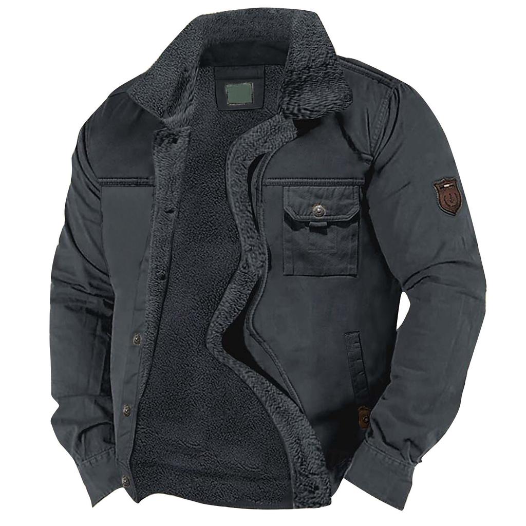 Men's Solid Color Fleece Workwear Casual Loose Button Lapel Pocket Long Sleeve Jacket Shirt