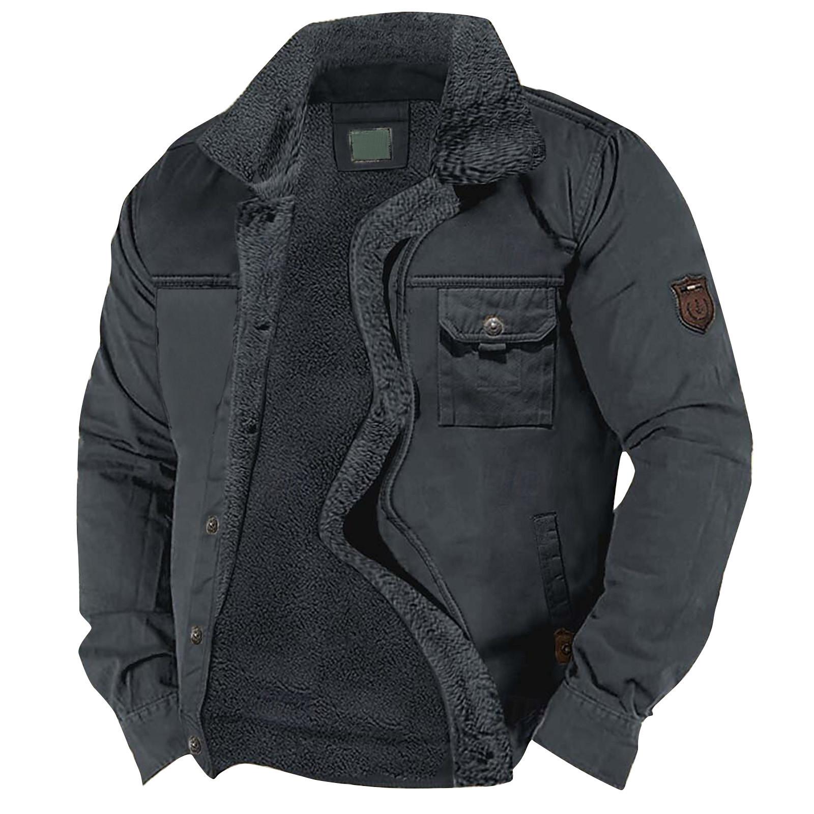

Men s Solid Color Fleece Workwear Casual Loose Button Lapel Pocket Long Sleeve Jacket Shirt XL