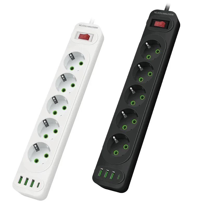 EU Plug Power Strip 5 AC Outlet Multitap Extension with 4 USB Ports 2m Cord Electrical Socket 2500W Fast Charge Surge Protector