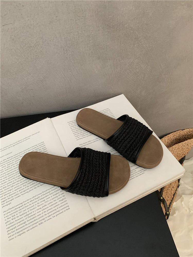 One Word Cool Slippers Women's Shoes 2025 Summer Korean Version Lazy Wind Woven Bohemian Vacation Cool Slippers Women's Shoes