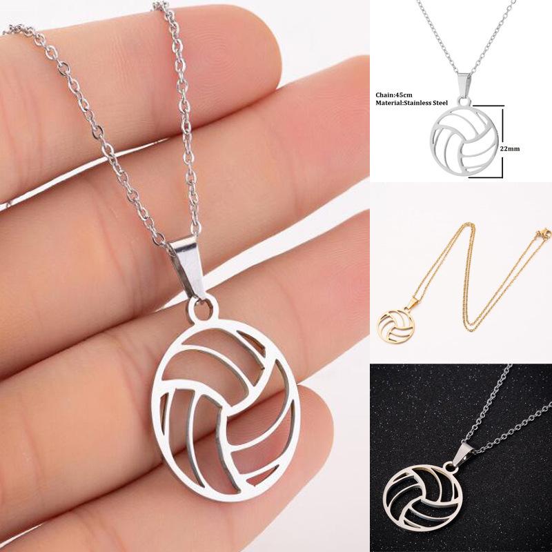 European-American Sports Series Volleyball Necklace: Stainless Steel Hollow Round Pendant Clavicle Chain