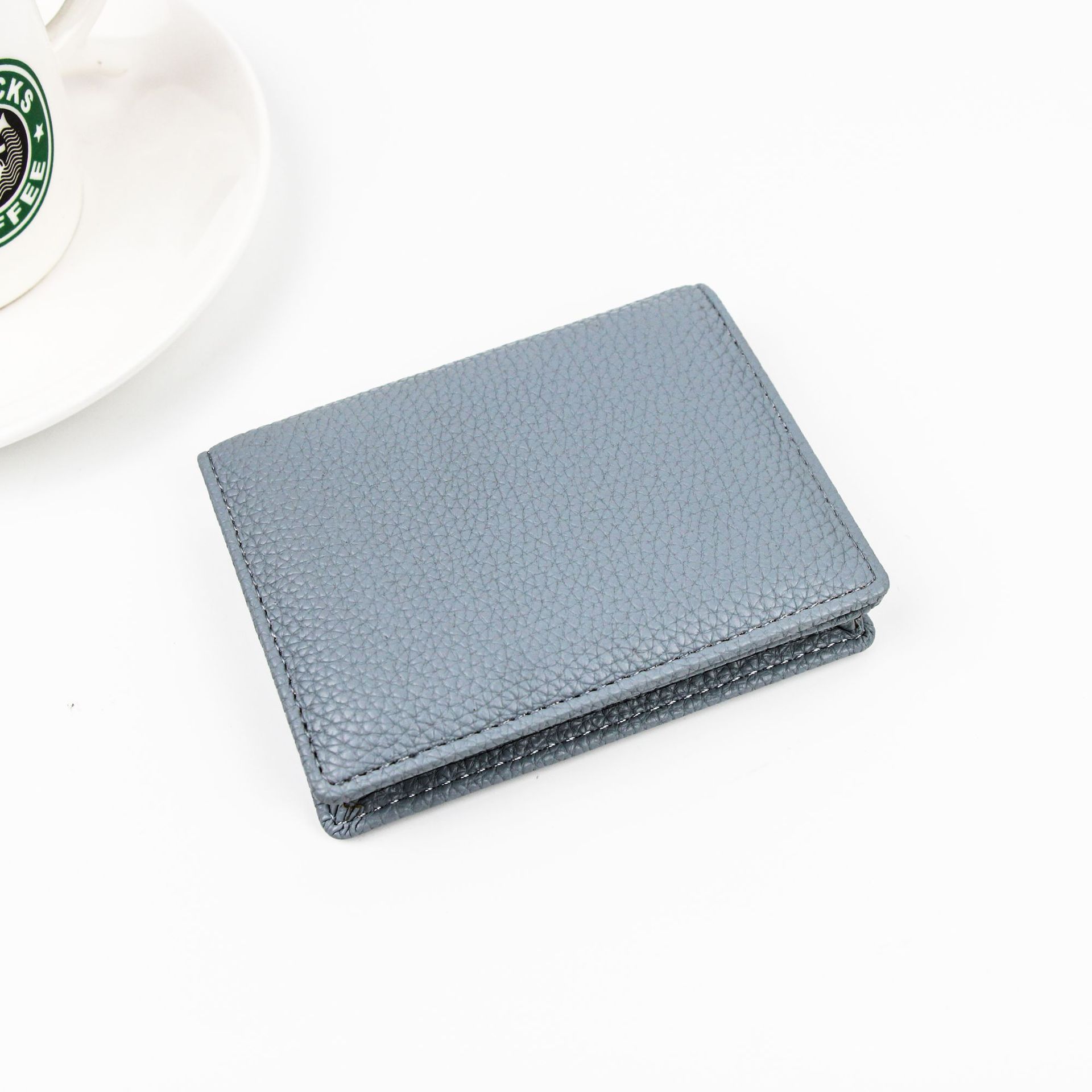 

Leather Short Wallet Lichee Pattern Credit Card Holder Business Card Holder Women синій