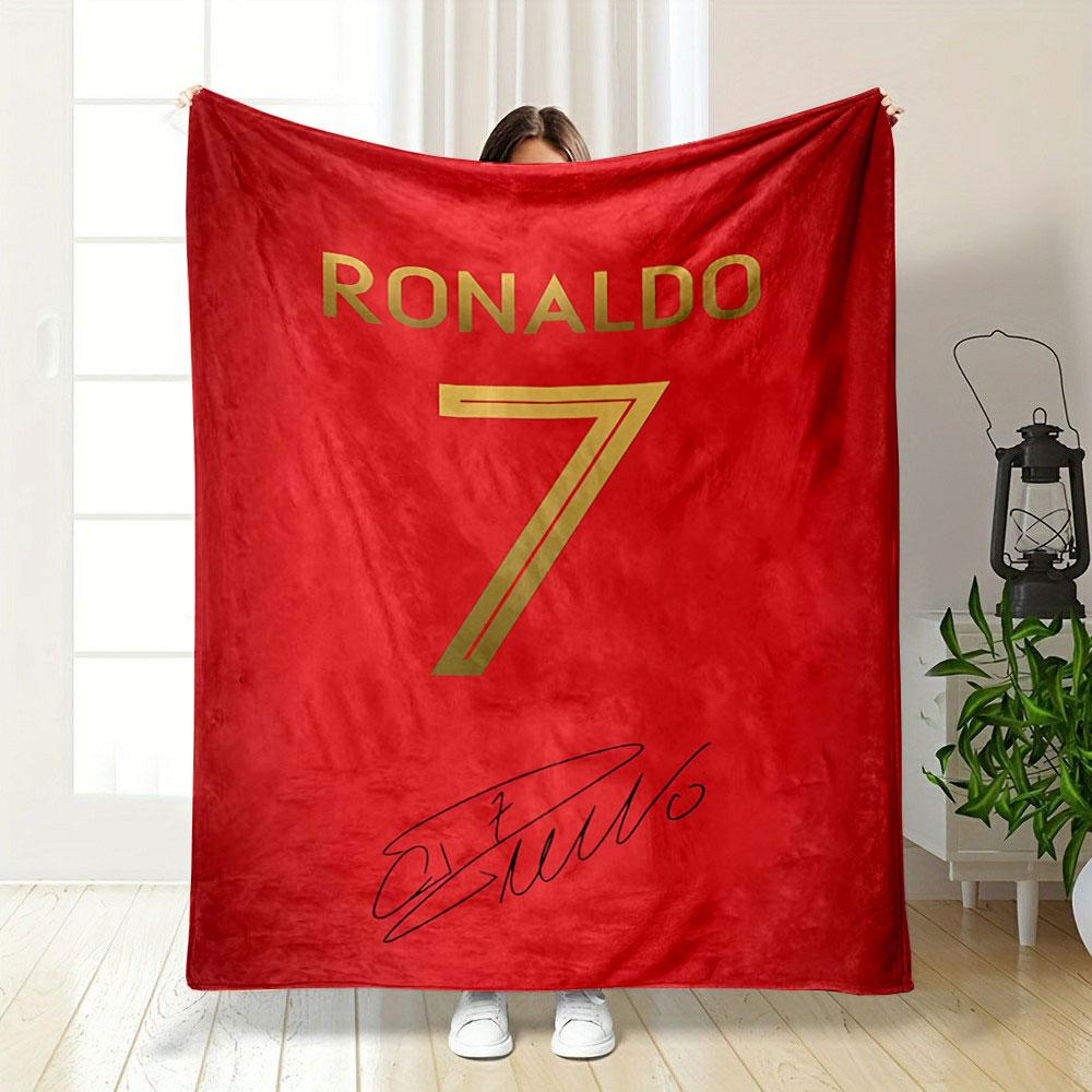 Red background with golden "Ronaldo," "7," and a black autograph below. for all seasons blanket lunch break throw gift
