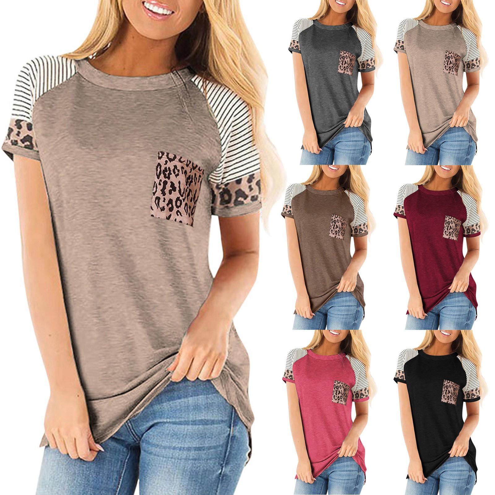 

Женская футболка с коротким рукавом и круглым вырезом, топ с леопардовым принтом в полоску