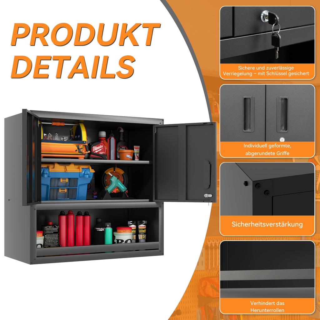 H77cm Wall-Mountable Metal Tool Cabinet with Lockable Door, 1 Adjustable Shelf and 1 Open Drawer - Garage, Storage, Office (Assembly Required)