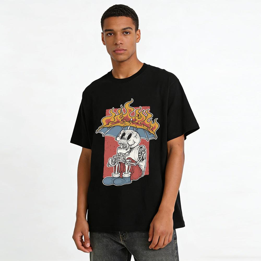 Skull Holding Burning Umbrella Graphic Tee Vintage American Street Style Oversized Casual Short Sleeve Pure Cotton T-shirt