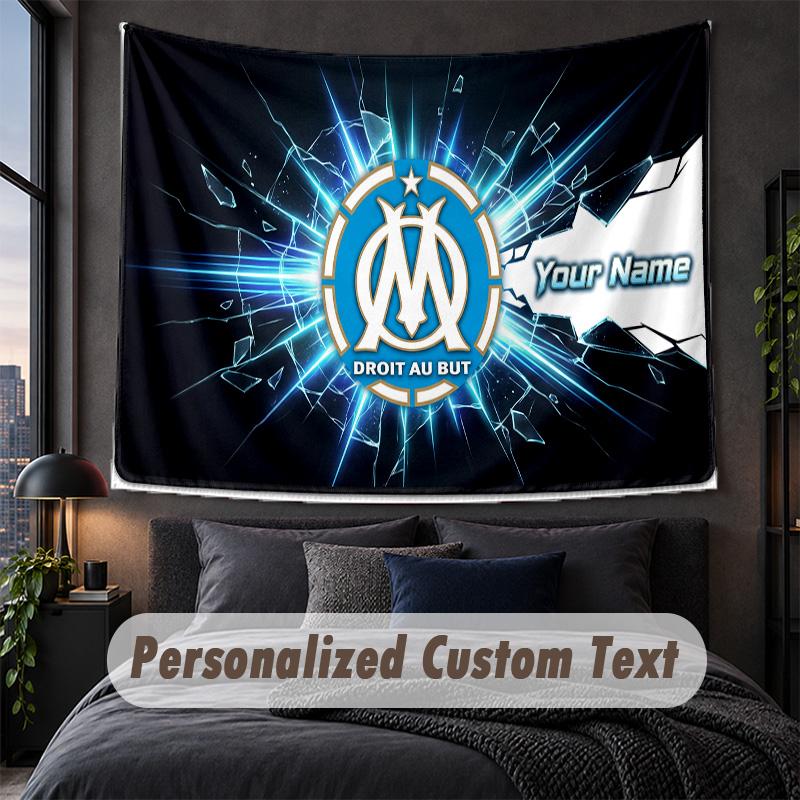 Custom Name Text Tapestry,Olympique Marseille FC Decorative Wall Hanging, Background Tapestry For Home Bedroom