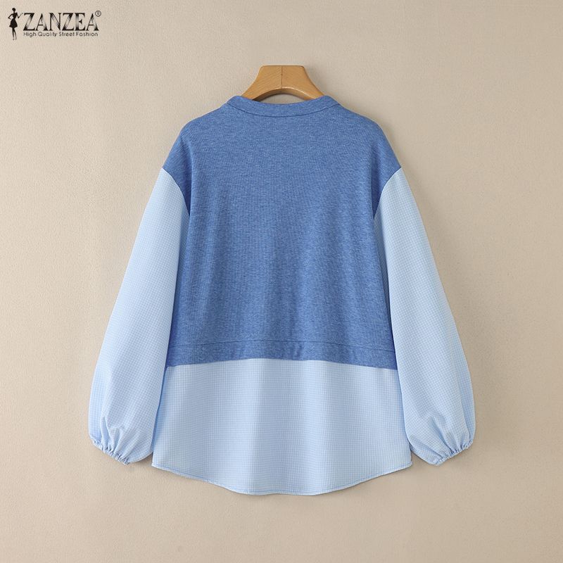 ZANZEA Women Casual Round Neck Long Sleeve Loose Patchwork Blouse