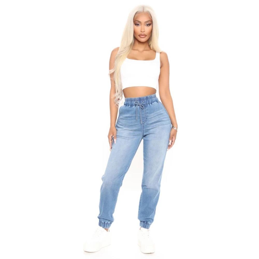 Women's High Rise Drawstring Waist Jogger Jeans Skinny Tapered Denim Pants Streetwear Casual Trousers