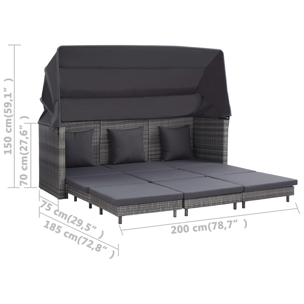 Extendable 3 Seater Sofa Bed with Canopy Poly Rattan Grey