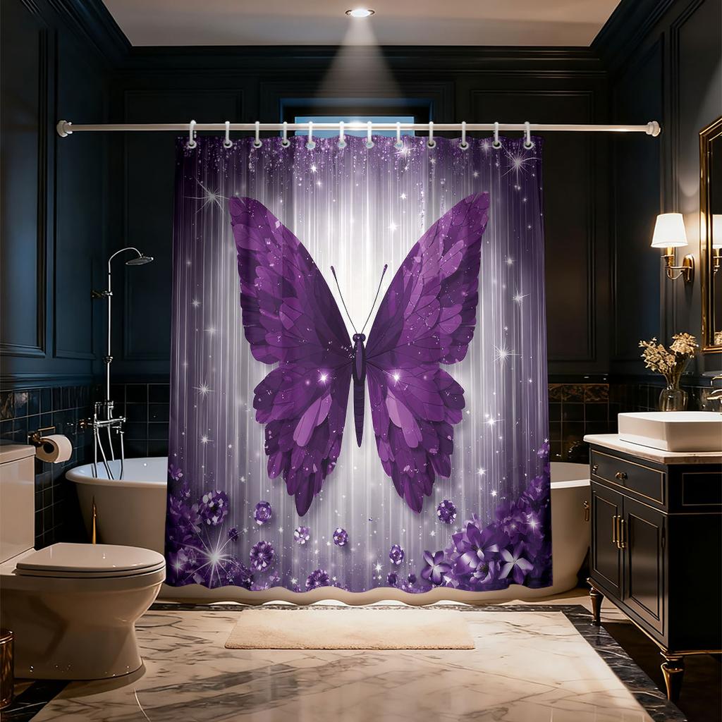1Pc Purple Butterfly Printed Waterproof Shower Curtain Partition Privacy Hanging Curtain, 12 Hooks, Multiple Sizes