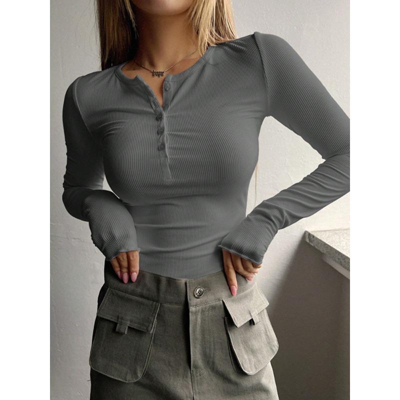 Women S Long Sleeve Button Collar Solid Color Knit Sweater