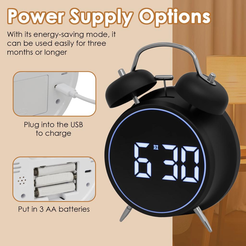 Digital Alarm Clock Metal Double Bell Bedside Alarm with LED Display Silent Table Clock for Heavy Sleepers Adults Kids Xmas Gift