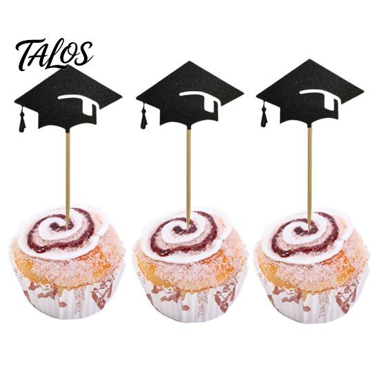 Hat Cake Decoration 6 Pcs Graduation Toppers, Mini Grad Cap Cupcake Black Burr-free Glitter Food Appetizer Picks for Class of 2026 Party Supplies