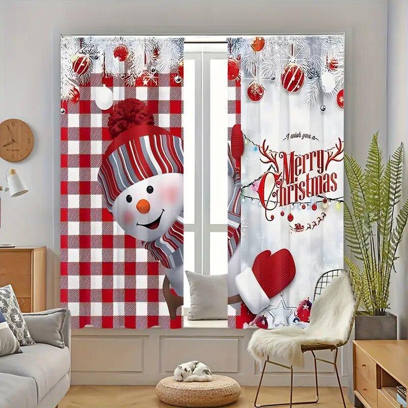 Classic Christmas snowmen   checkered pattern printed curtains   pole bag curtains   home decoration   room decoration
