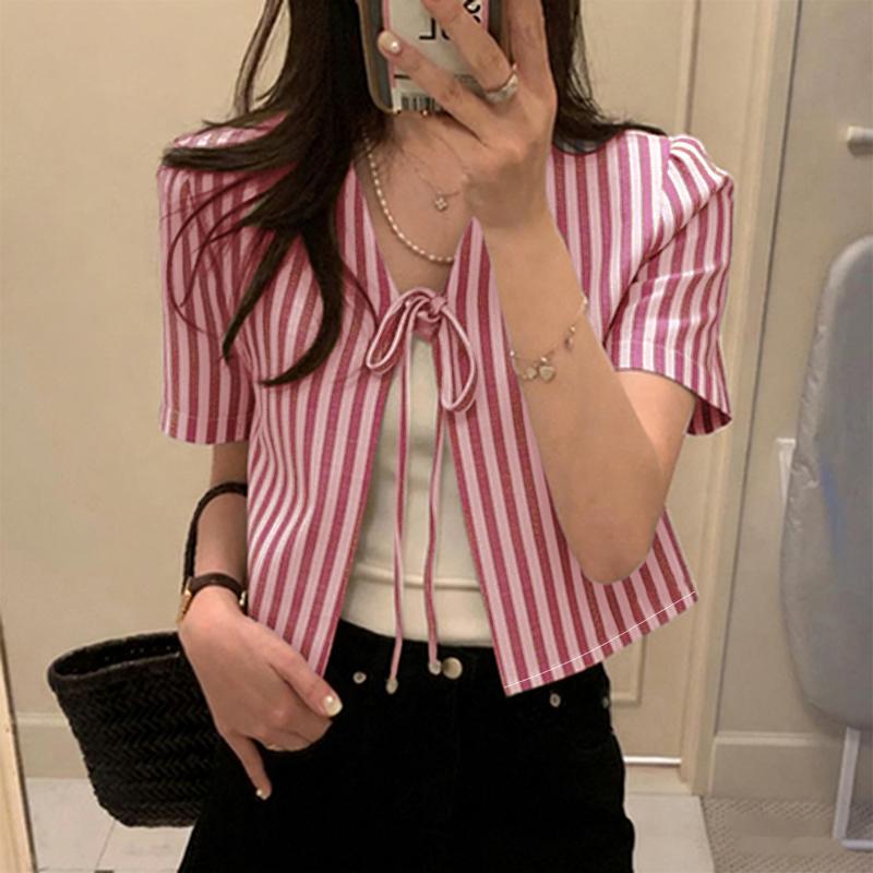 ZANZEA Women Lace-Up V-Neck Casual Short Sleeve Stripe Cardigan Blouse