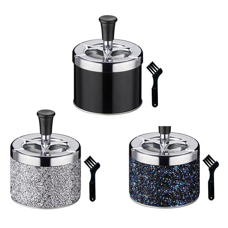 Push Down Ashtray with Lid Spinning Ashtray Windproof Self-Cleaning Ashtray Metal Desktop Ashtray for Cigarette Smoking