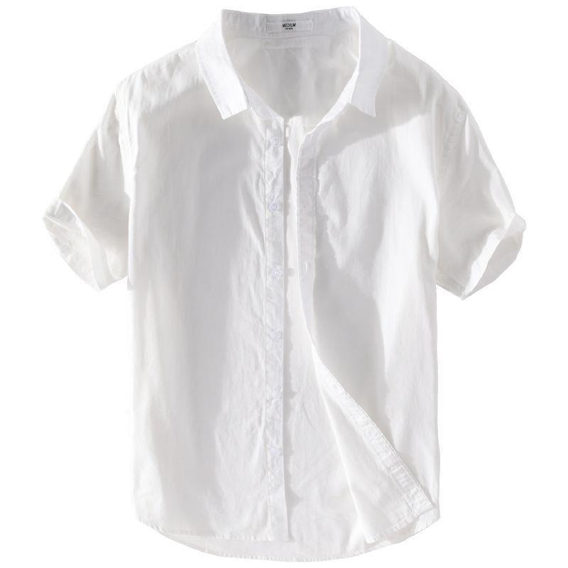 Men's White Slim-Fit Short-Sleeve Oxford Shirt with Square Collar