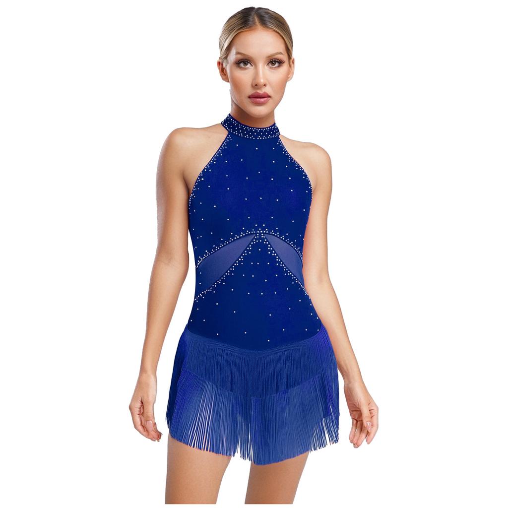 Dame Latin Dans Leotard Glitrende Rhinestone Dusker Mesh Lappverk Rygg Utklipp Bodysuit Ytelseskostyme