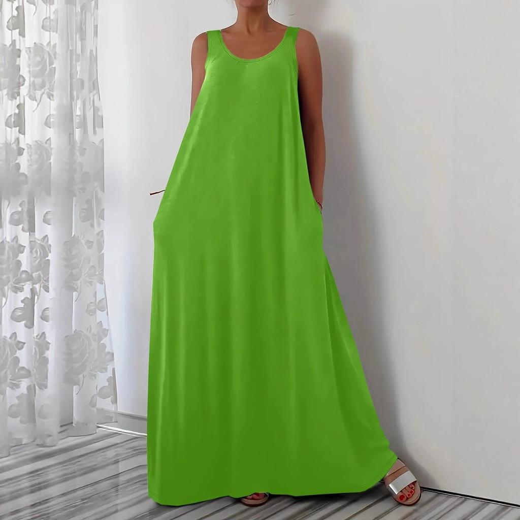 Plus Size Summer Solid Color Dress with Side Pockets (European and American Style)