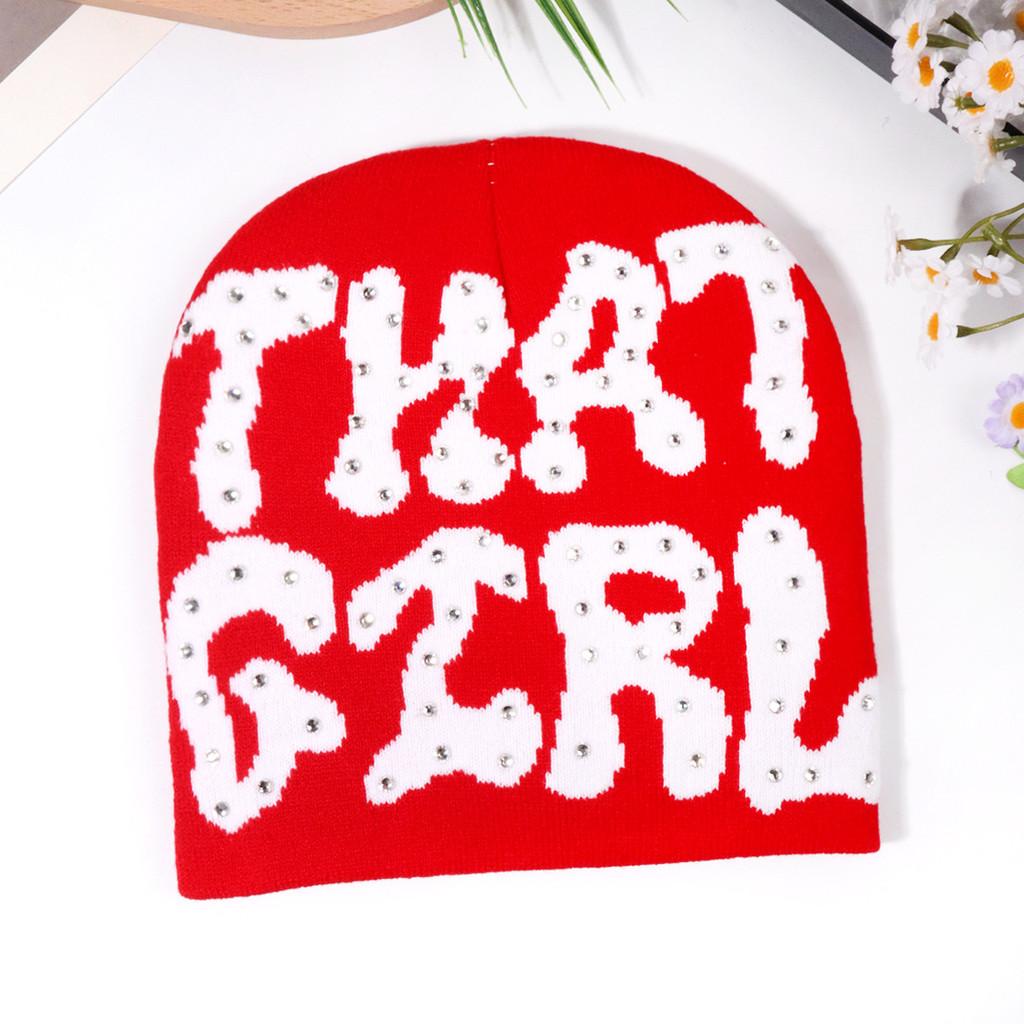 Fashion Pattern Letter Rhinestone Decoration Women Casual Warm Knitted Hat