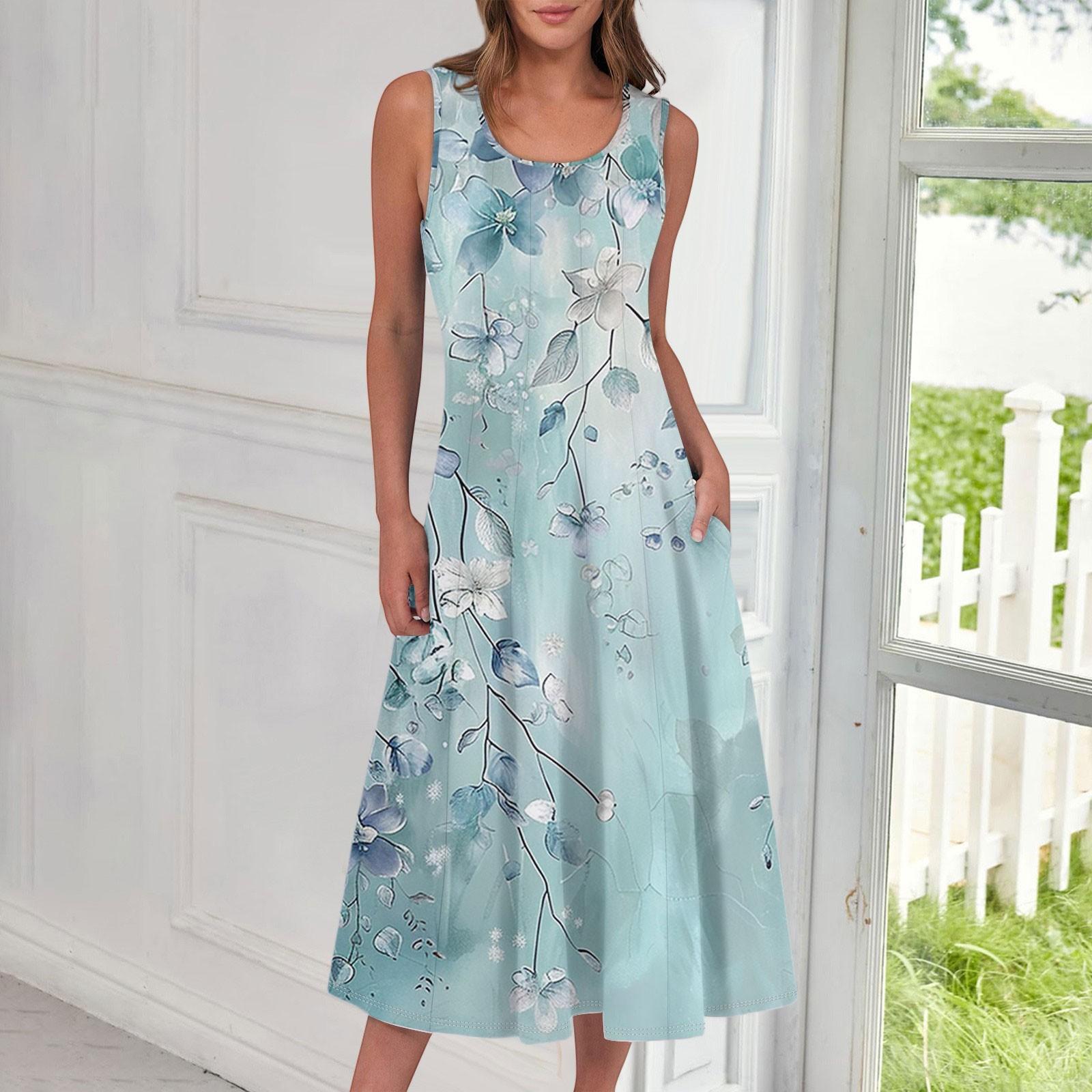 

Женское повседневное модное платье миди с цветочным принтом и круглым вырезом без рукавов XXL