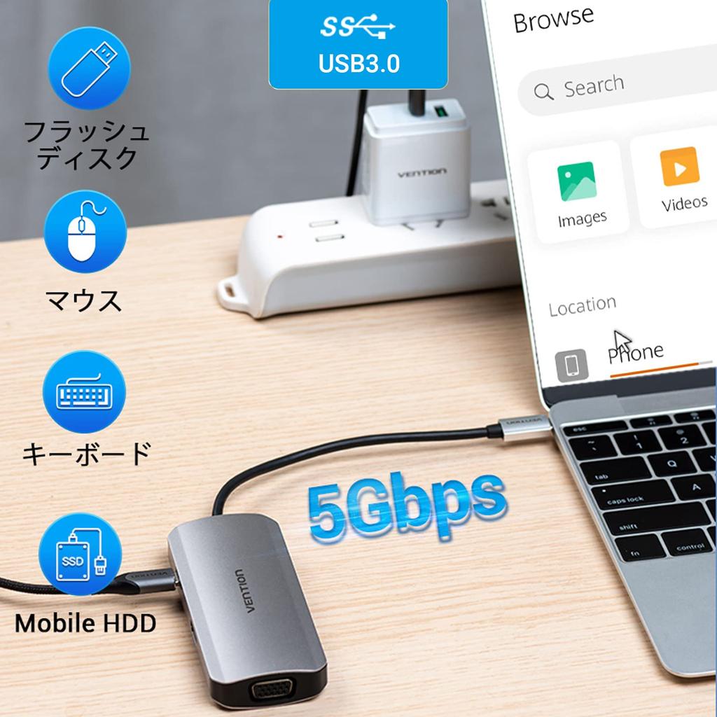 VENTION Hub Docking Station with USB and 5Gbps Fast Compatible with and Interfaces 6-in-1 PD100W, 3.0 X3, HDMI, VGA, Adapter, Charging, Driver-Free,