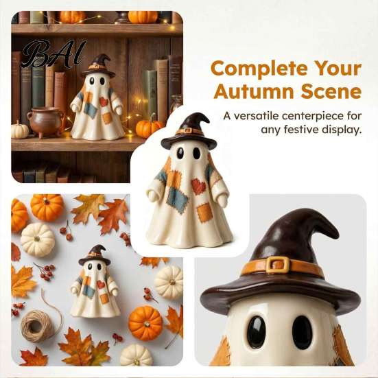 LED Light Up Ghost Lighted Vintage Patchwork Ghost, Halloween Decor for Home Display, Vintage-inspired Figurine Cute with Soft Mantels Shelves Porches