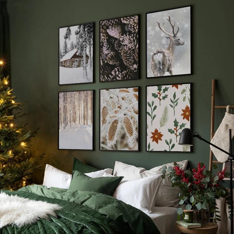 Merry Christmas Tree Flower Pinecone Letter Posters Prints Canvas Painting Festival Wall Art Pictures Living Room Home Decor