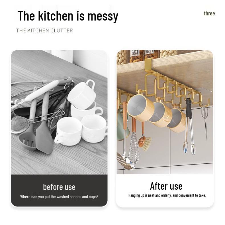 Double Row No-Drill Seamless Cabinet Door Hanging Storage Rack with Hooks