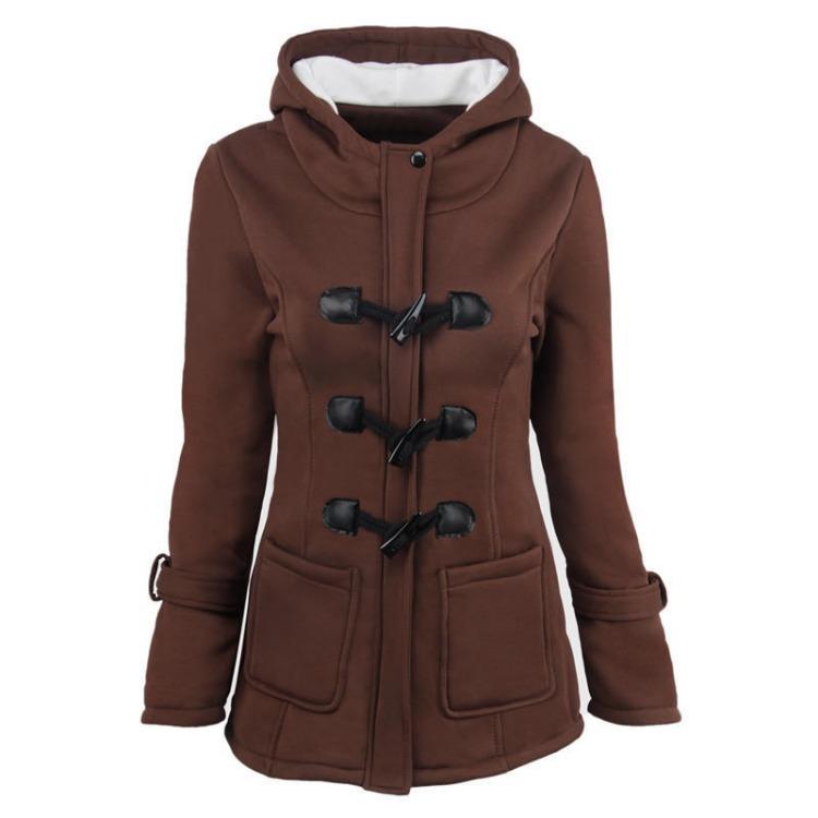 Winter Women Coat Hooded Thick Cotton Blend Jacket Cow Horn Button Autumn