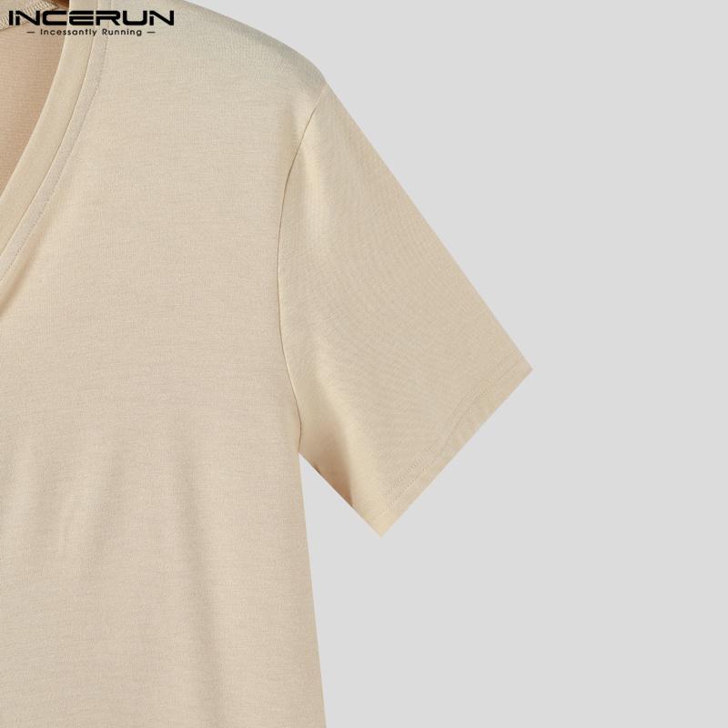 INCERUN T-shirts Homme Col V Zippé Manches Courtes Irrégulier Casual Ajusté