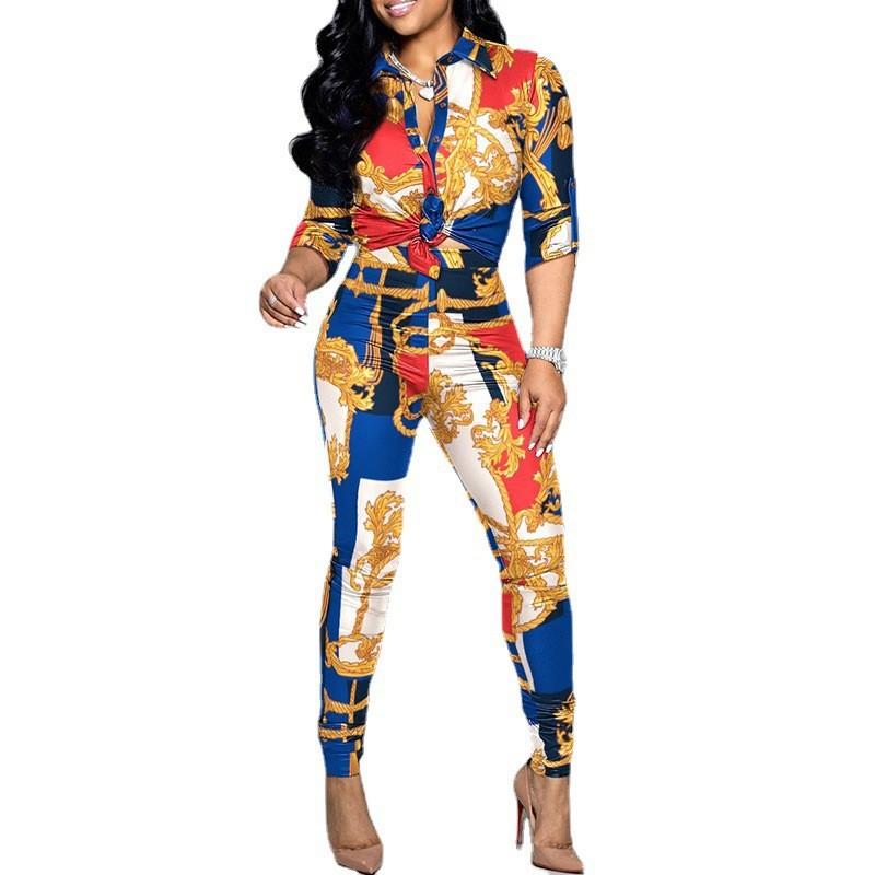 Casual Suit Colorblock Print Long Sleeve Lapel Shirt Casual Pants Two Piece Set