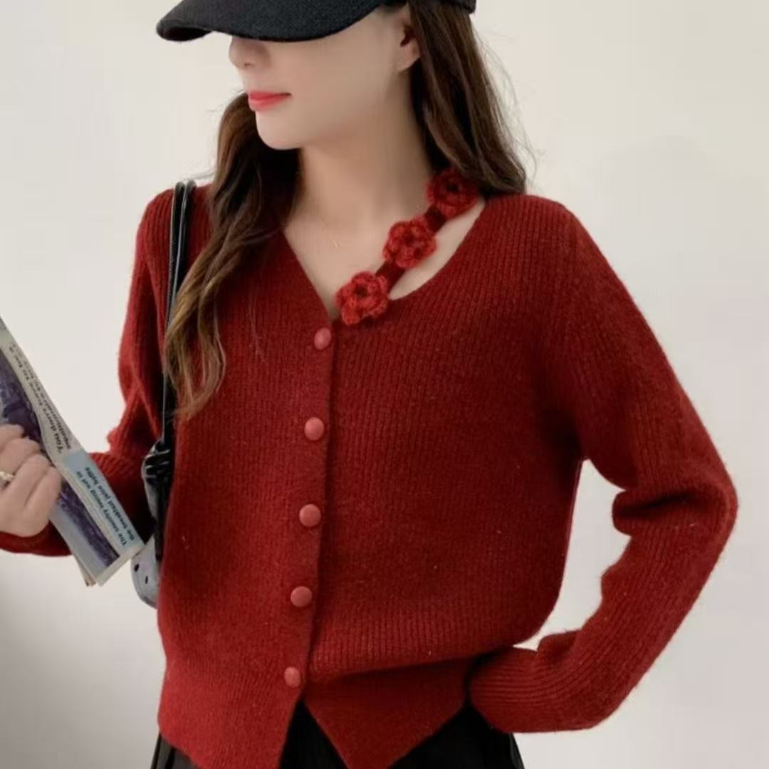 

French small fragrant three-dimensional flower soft waxy sweater women s 2025 autumn and winter new V-neck cardigan top one size fits all червоний